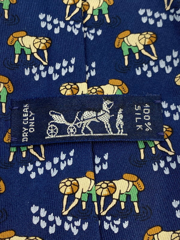 【中古品】【メンズ】 HERMES エルメス SILK TIE ネクタイ シルクタイ スーツ用小物 服飾雑貨 農業 田植え柄 183-251209-kk-19-min カラー:ネイビー 万代Net店