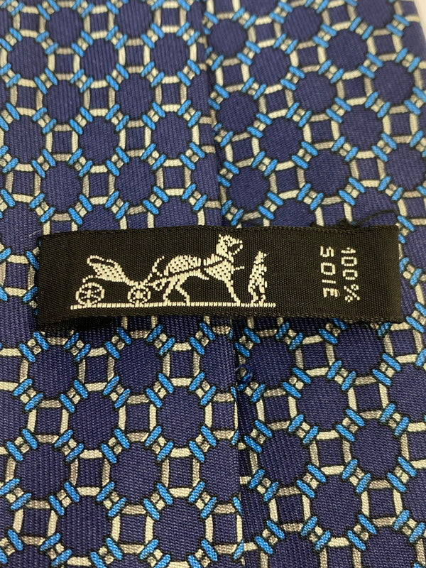 【中古品】【メンズ】 HERMES エルメス SILK TIE ネクタイ シルクタイ スーツ用小物 服飾雑貨 チェーンモチーフ柄 183-251209-kk-21-min カラー:ネイビー 万代Net店