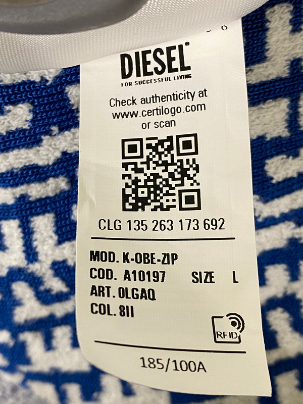 【中古品】【メンズ】 DIESEL ディーゼル M-ALLORCA ZIP UP CARDIGAN ジップカーディガン トップス 141-260609-yn-27-min サイズ:L カラー:ブルー/ホワイト 万代Net店