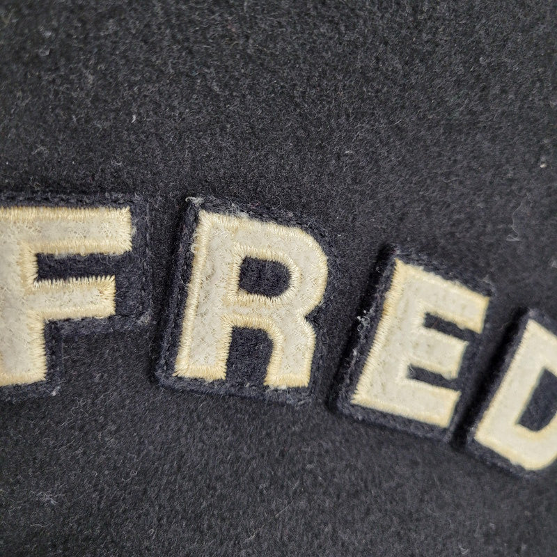 【現状渡し品】【メンズ】 FRED PERRY フレッドペリー スポーツ ウェア 90S 日本製 PATCH EMBROIDERY WOOL パッチ エンブロイダリー ウール × LEATHER STADIUM JACKET レザー スタジアム ジャケット アウター 146-260507-ya-03-izu サイズ:L カラー:BLACK×BEIGE 万代Net店