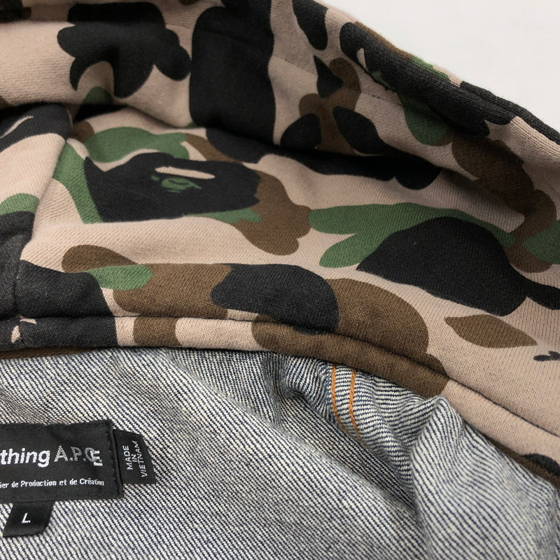 【中古品】【メンズ】 A BATHING APE アベイシングエイプ × A.P.C アーペーセー DETACHABLE HOODIE DENIMJACKET 24225-1-32481 デタッチャブル フーディ デニムジャケット 142-260902-hn-02-fur サイズ:L カラー:インディゴ 万代Net店