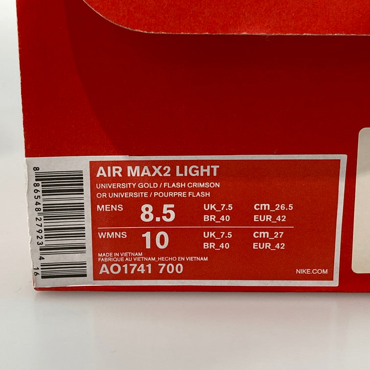 【中古品】【メンズ/レディース】 NIKE ナイキ AO1741-700 AIR MAX2 LIGHT UNIVERSITY GOLD FLASH CRIMSON エア マックス 2 ライト スニーカー 160-251023-WA-02-iwa サイズ:26.5 カラー:UNIVERSITY GOLD/FLASH CRIMSON 万代Net店