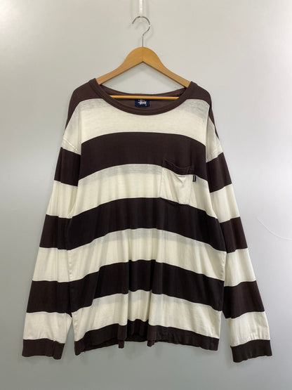 【現状渡し品】【メンズ】 STUSSY ステューシー 90’s BORDER POCKET L/S TEE 90年代 ボーダーポケット ロングスリーブTシャツ 長袖Tシャツ トップス 142-260626-yn-34-min サイズ：XL カラー：ダークブラウン/ホワイト 万代Net店