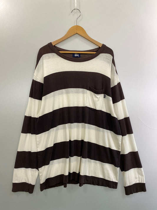 【現状渡し品】【メンズ】 STUSSY ステューシー 90’s BORDER POCKET L/S TEE 90年代 ボーダーポケット ロングスリーブTシャツ 長袖Tシャツ トップス 142-260626-yn-34-min サイズ：XL カラー：ダークブラウン/ホワイト 万代Net店