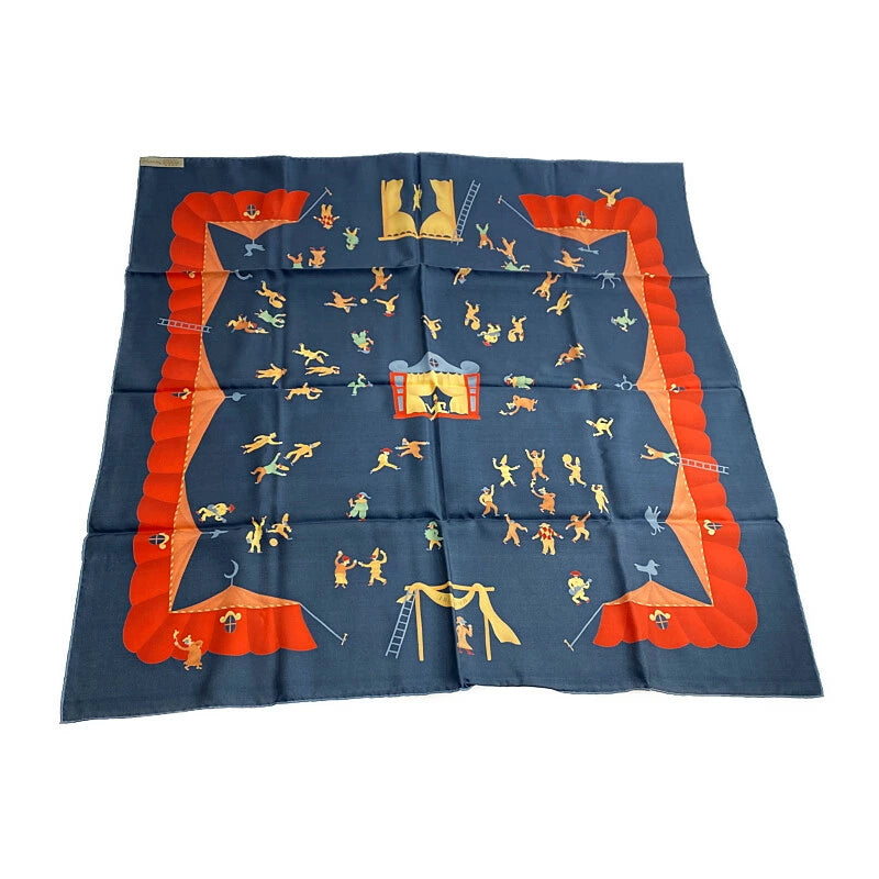 【LIFTる。景品】【中古】【レディース】 BVLGARI ブルガリ サーカスモチーフ シルクスカーフ イタリア製 183-221123-kk-21-min サイズ：約87×85cm カラー：ネイビー 万代Net店