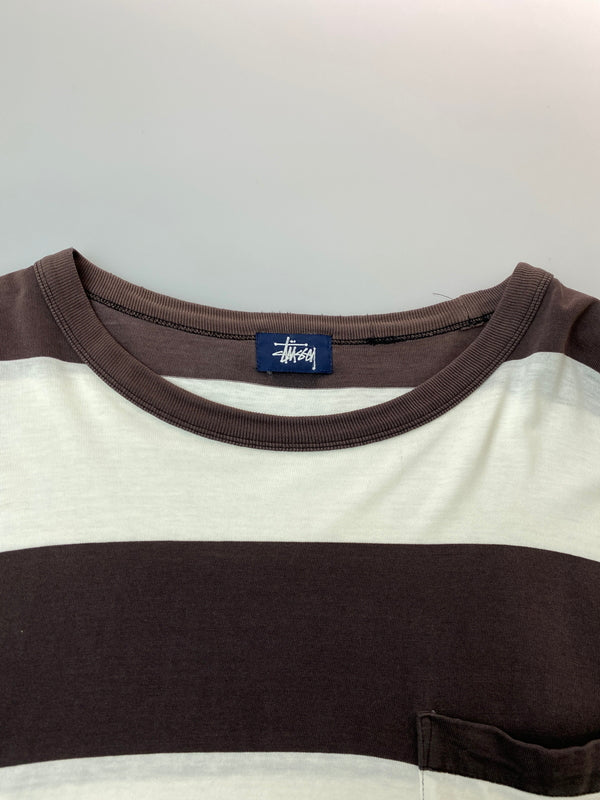 【現状渡し品】【メンズ】 STUSSY ステューシー 90’s BORDER POCKET L/S TEE 90年代 ボーダーポケット ロングスリーブTシャツ 長袖Tシャツ トップス 142-260626-yn-34-min サイズ：XL カラー：ダークブラウン/ホワイト 万代Net店