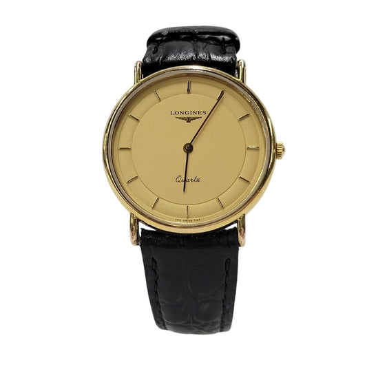 【現状渡し品】【メンズ/レディース】 LONGINES ロンジン ROUND FACE QUARTS 24742139 ラウンドフェイス ゴールド文字盤 腕時計 197-250522-ay-17-izu カラー：ブラック×ゴールド 万代Net店