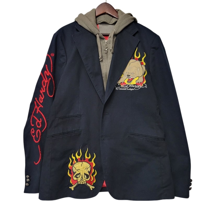 【現状渡し品】【メンズ】 ED HARDY エドハーディ DOCKING HOODIE TAILORED JACKET ドッキング フーディー テーラードジャケット アウター 146-251002-as-07-izu サイズ：S カラー：ブラック系 万代Net店