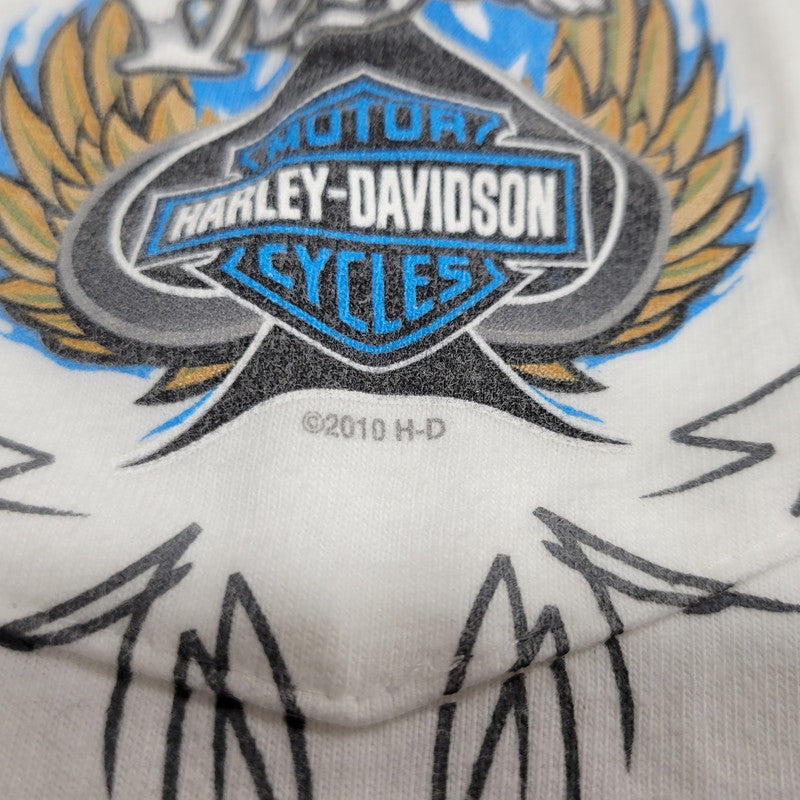 【中古品】【メンズ】 HARLEY DAVIDSON ハーレーダビッドソン LAS VEGAS SPADE BLUE FIRE PRINT S/S TEE c2010 プリント Tシャツ 半袖 白タグ USA製 146-260315-as-06-izu サイズ：L カラー：ホワイト 万代Net店