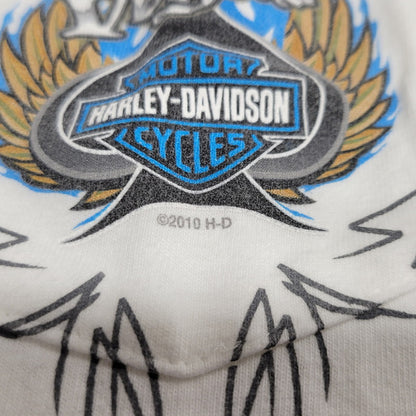 【中古品】【メンズ】 HARLEY DAVIDSON ハーレーダビッドソン LAS VEGAS SPADE BLUE FIRE PRINT S/S TEE c2010 プリント Tシャツ 半袖 白タグ USA製 146-260315-as-06-izu サイズ：L カラー：ホワイト 万代Net店