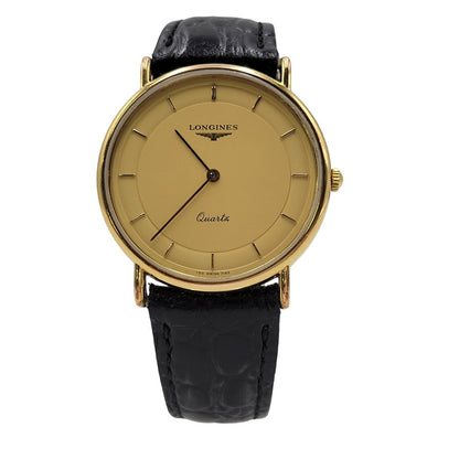 【現状渡し品】【メンズ/レディース】 LONGINES ロンジン ROUND FACE QUARTS 24742139 ラウンドフェイス クォーツ ゴールド文字盤 腕時計 197-250522-ay-17-izu カラー：ブラック×ゴールド 万代Net店