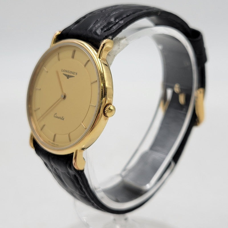 【現状渡し品】【メンズ/レディース】 LONGINES ロンジン ROUND FACE QUARTS 24742139 ラウンドフェイス クォーツ ゴールド文字盤 腕時計 197-250522-ay-17-izu カラー：ブラック×ゴールド 万代Net店