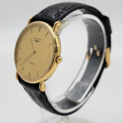 【現状渡し品】【メンズ/レディース】 LONGINES ロンジン ROUND FACE QUARTS 24742139 ラウンドフェイス クォーツ ゴールド文字盤 腕時計 197-250522-ay-17-izu カラー：ブラック×ゴールド 万代Net店