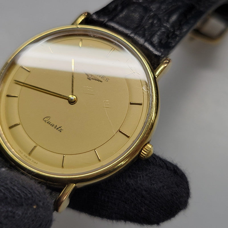 【現状渡し品】【メンズ/レディース】 LONGINES ロンジン ROUND FACE QUARTS 24742139 ラウンドフェイス クォーツ ゴールド文字盤 腕時計 197-250522-ay-17-izu カラー：ブラック×ゴールド 万代Net店