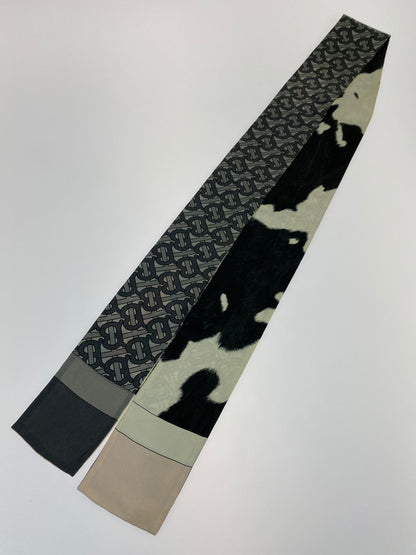 【LIFTる。景品】【中古品】【メンズ/レディース】 BURBERRY バーバリー  MONOGRAM&COW PRINT REVERSIBLE SILK SKINNY SCARF 183-240320-jt-09-min サイズ：全長154cm/幅8cm カラー：ブラック /グレー系/牛柄 万代Net店