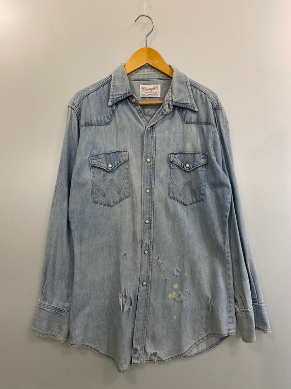 【現状渡し品】【メンズ】 Wrangler ラングラー USA製 70S DENIM WESTERN LS SHIRT デニムシャツ トップス 146-241010-ks-22-min サイズ：15 1/2・34 カラー：インディゴ 万代Net店