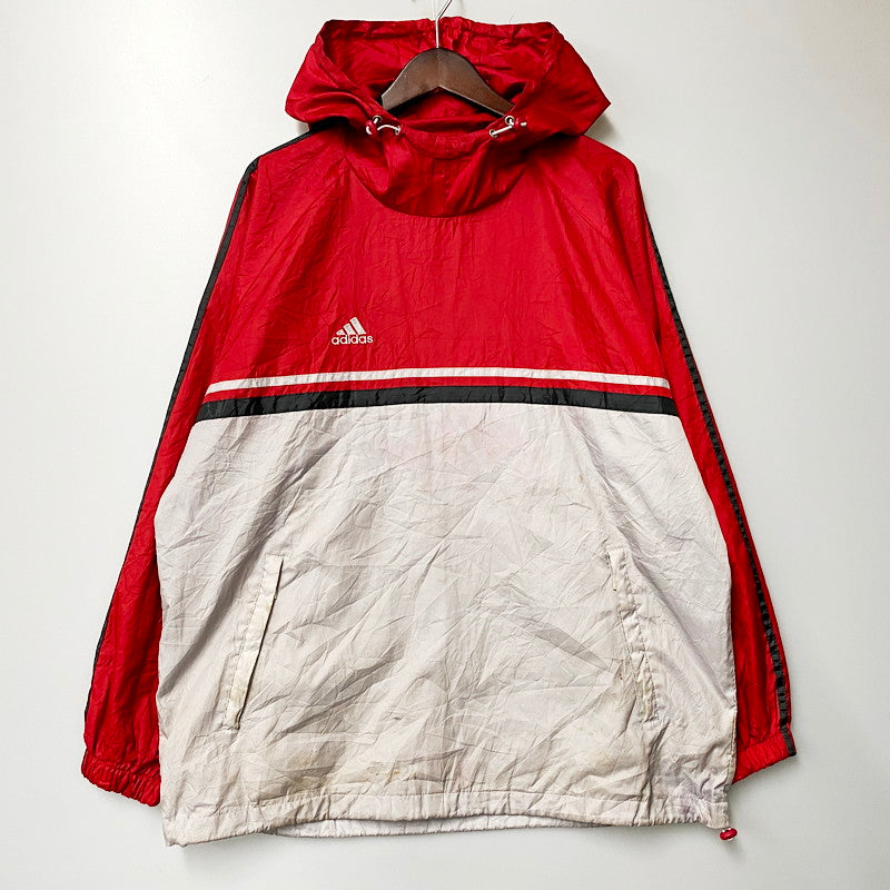 【中古品】【メンズ】 adidas アディダス 00S NYLON HOODIE ナイロンパーカー ジャケット アウター 146-240712-ay-38-izu サイズ：XL カラー：レッド×グレー 万代Net店