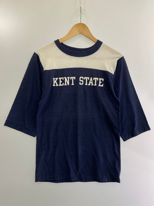 【中古品】【メンズ】 Champion チャンピオン バータグ USA製 80S KENT STATEFOOTBALL T-SHIRT 五分袖 フットボールカットソー 146-240630-as-26-min サイズ：S カラー：ネイビー/ホワイト 万代Net店