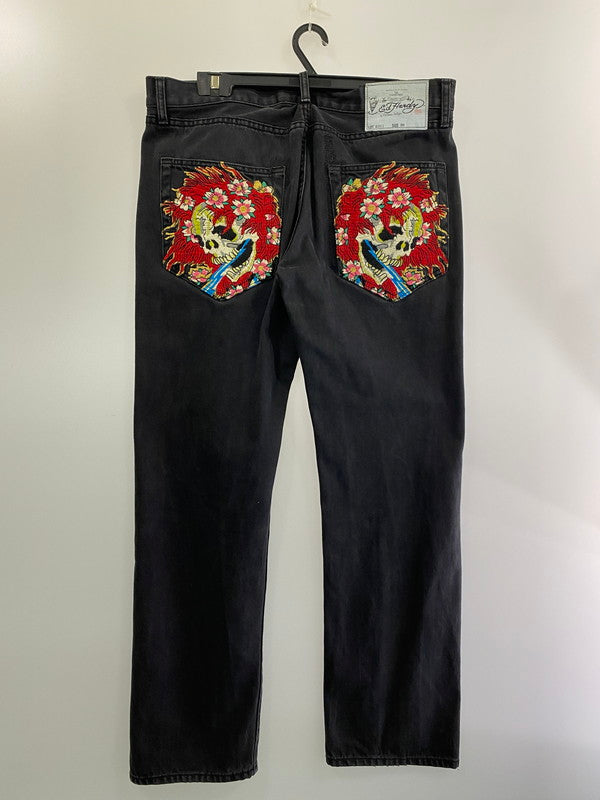 【中古品】【メンズ】 ED HARDY エドハーディ ED HARDY FLORAL SKULL JEANS フローラル スカル ジーンズ ブラックデニム 157-240617-cn-27-min サイズ：W36 カラー：ブラック 万代Net店