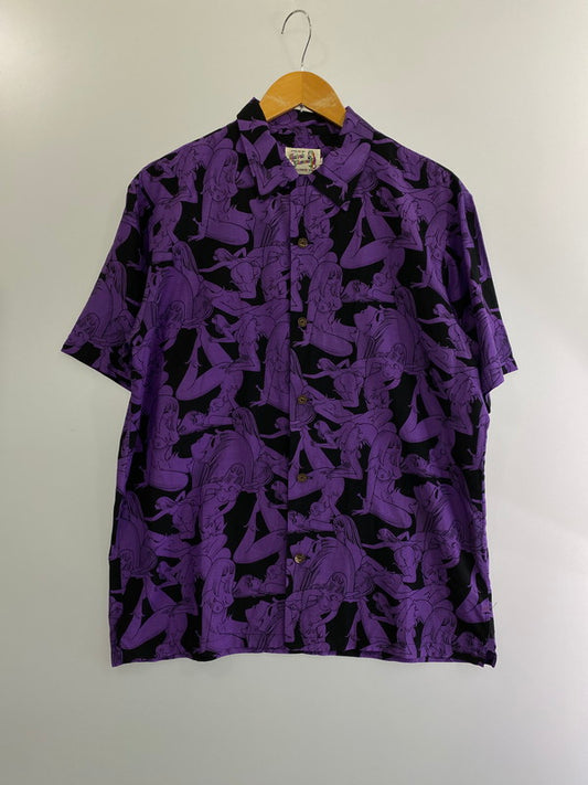 【中古美品】【メンズ】  HYSTERIC GLAMOUR × 手塚治虫 S/S SHIRT 02211AH16 ヒステリックグラマー 奇子総柄 アロハシャツ 半袖シャツ トップス 140-240620-yn-01-min サイズ：M カラー：パープル/ブラック 万代Net店