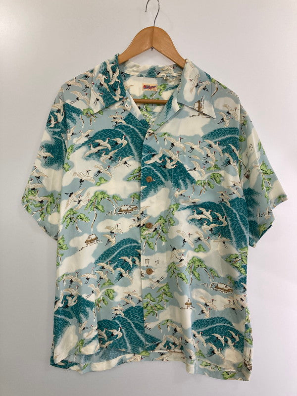 【現状渡し品】【メンズ】 SUN SURF サンサーフ 2002年モデル"鶴" S/S RAYON SHIRT SS30488 レーヨンシャツ 半袖トップス 145-240628-me-19-min サイズ：M カラー：グリーン/ホワイト系 万代Net店