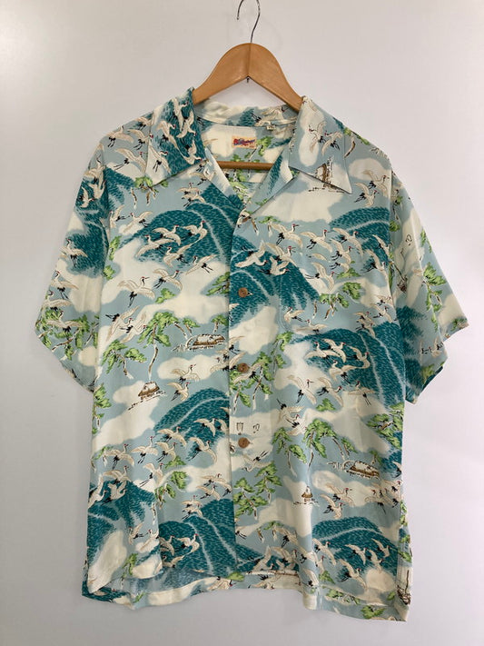 【現状渡し品】【メンズ】 SUN SURF サンサーフ 2002年モデル"鶴" S/S RAYON SHIRT SS30488 レーヨンシャツ 半袖トップス 145-240628-me-19-min サイズ：M カラー：グリーン/ホワイト系 万代Net店