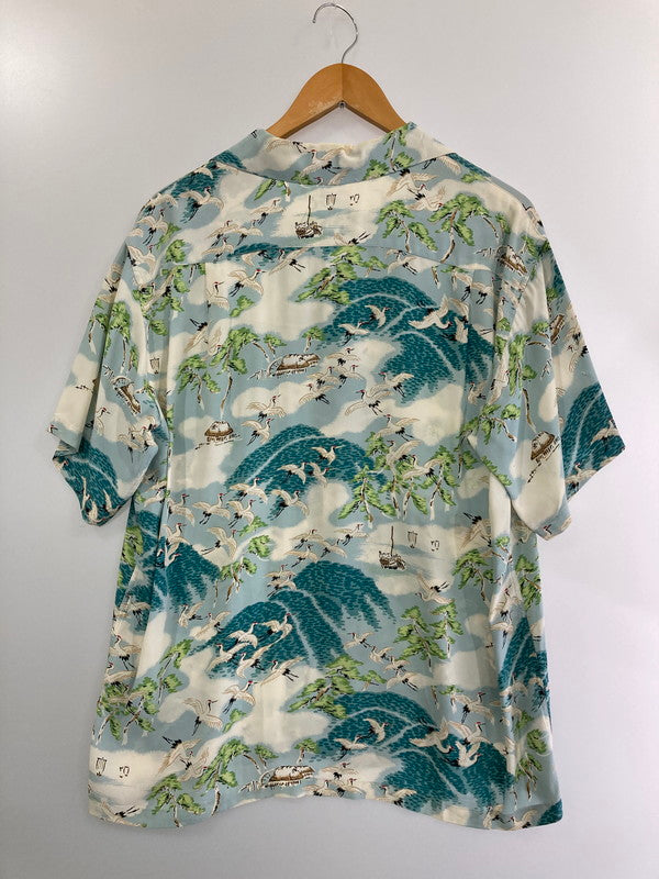 【現状渡し品】【メンズ】 SUN SURF サンサーフ 2002年モデル"鶴" S/S RAYON SHIRT SS30488 レーヨンシャツ 半袖トップス 145-240628-me-19-min サイズ：M カラー：グリーン/ホワイト系 万代Net店