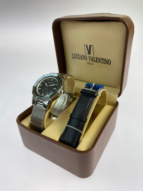 【中古品】【メンズ】 LUCIANO VALENTINO ルチアーノ・バレンチノ LV1004 クォーツ腕時計 197-240713-AS-9-min カラー：シルバー ブラック文字盤 万代Net店