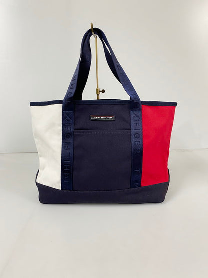 【中古品】【メンズ/レディース】 TOMMY HILFIGER トミーヒルフィガー MEDIUM CANVAS TOTE BAG 69J2255 オンライン限定 ミディアムキャンバストートバッグ カバン 188-240803-yn-19-min カラー：ホワイト/ネイビー/レッド 万代Net店