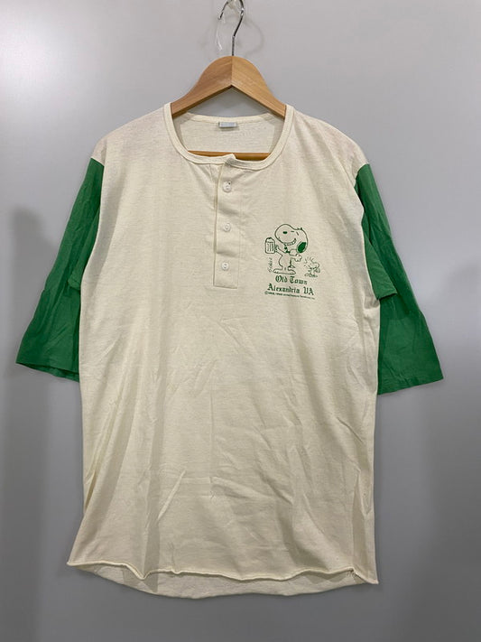 【中古】【メンズ】  VINTAGE 70's PEANUTS SNOOPY  OLD TOWN ALEXANDRA UA RAGLAN 3/4 SLEEVE T SHIRT ヴィンテージ ラグラン 4/3 Tシャツ トップス 146-240808-yn-05-min サイズ：L カラー：クリーム/グリーン 万代Net店