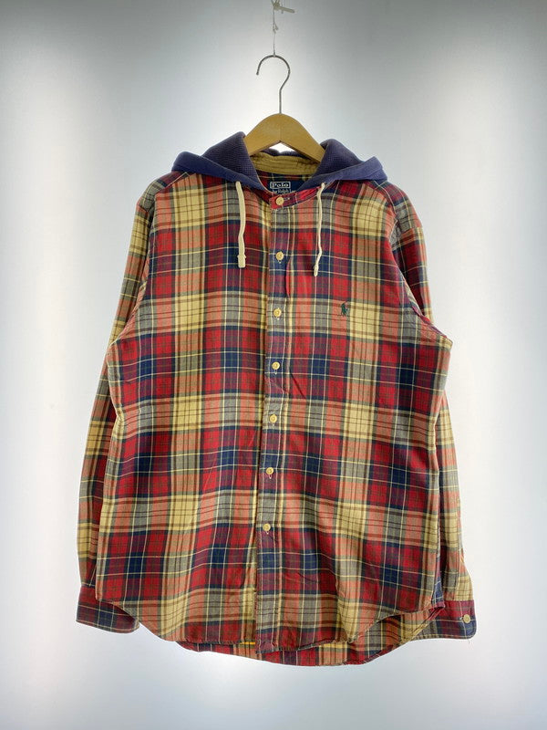 【中古品】【メンズ】 Polo by Ralph Lauren ポロバイラルフローレン HOODED CHECK SHIRT フーデッド チェックシャツ 長袖シャツ トップス 146-240827-yn-11-min サイズ：M カラー：レッド/ベージュ/ネイビー 万代Net店