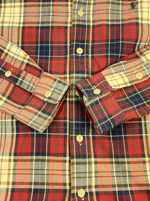 【中古品】【メンズ】 Polo by Ralph Lauren ポロバイラルフローレン HOODED CHECK SHIRT フーデッド チェックシャツ 長袖シャツ トップス 146-240827-yn-11-min サイズ：M カラー：レッド/ベージュ/ネイビー 万代Net店