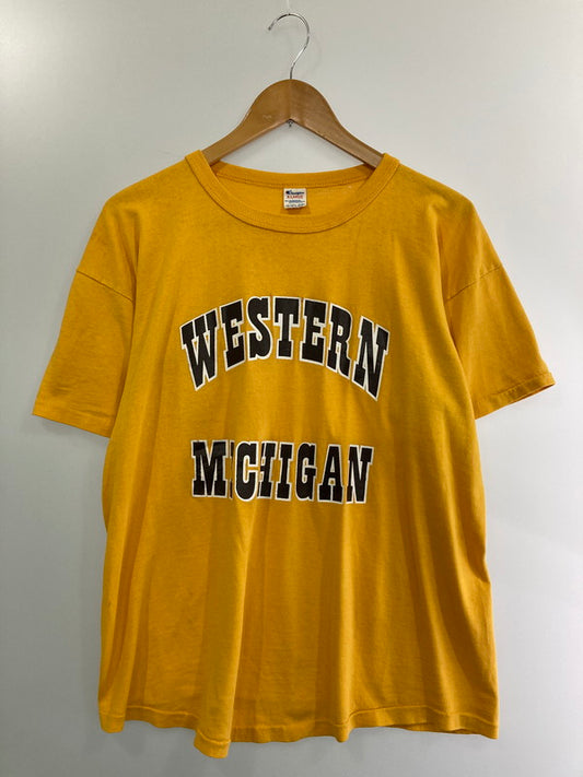 【現状渡し品】【メンズ】 Champion チャンピオン トリコタグ USA製 80S WESTERN MICHIGAN PRINT T-SHIRTS プリント Tシャツ 半袖トップス 146-240902-me-12-min サイズ：XL カラー：イエロー 万代Net店