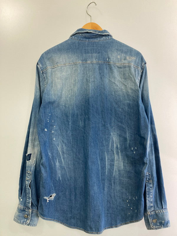 【現状渡し品】【メンズ】 DSQUARED2 ディースクエアード S74DM0117 クラッシュ加工デニムシャツ 141-240902-me-06-min サイズ：44 カラー：インディゴ 万代Net店