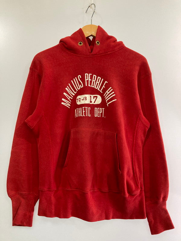 【中古品】【メンズ】 Champion チャンピオン REVERSE WEAVE 青単色タグ前期 70S MANLIUS PEBBLE HILL 三段プリント フーデッドスウェットシャツ トップス 146-240917-ks-18-min サイズ：S カラー：レッド 万代Net店