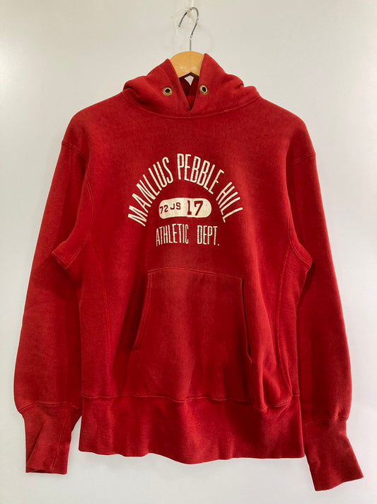 【中古品】【メンズ】 Champion チャンピオン REVERSE WEAVE 青単色タグ前期 70S MANLIUS PEBBLE HILL 三段プリント フーデッドスウェットシャツ トップス 146-240917-ks-18-min サイズ：S カラー：レッド 万代Net店