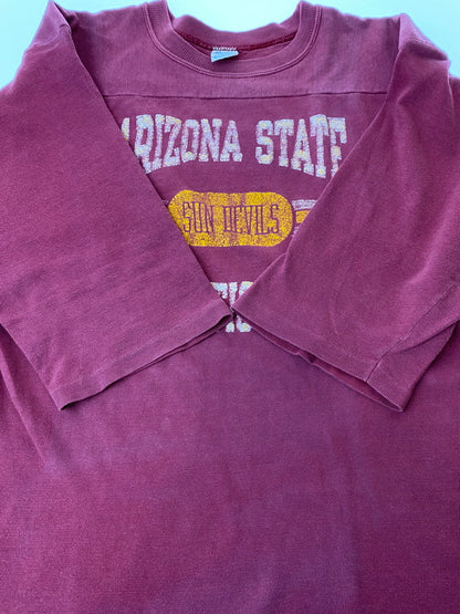 【中古品】【メンズ】 Champion チャンピオン 80's ARIZONA STATE ATHLETIC DEPT FOOTBALL T-SHIRT フットボール Tシャツ 半袖Tシャツ トップス 146-240924-yn-16-min サイズ：M カラー：レッド系 万代Net店