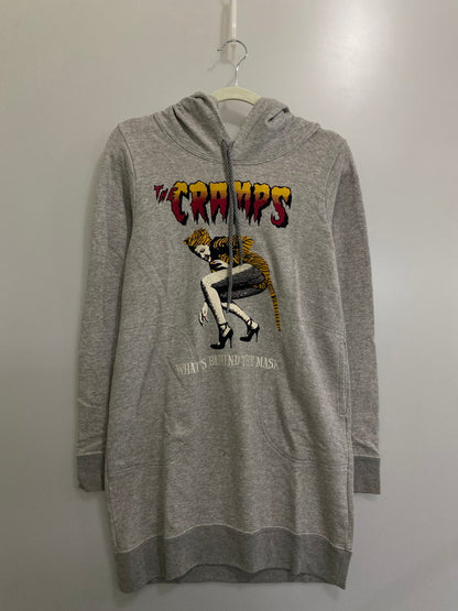 【中古品】【メンズ】 HYSTERIC GLAMOUR ヒステリックグラマー ×THE CRAMPS ザ・クランプス 0163CO06 ”WHAT’S BEHIND THE MASKLS LONG HOODIE パーカー 170-241007-AS-24-min サイズ：FREE カラー：グレー 万代Net店