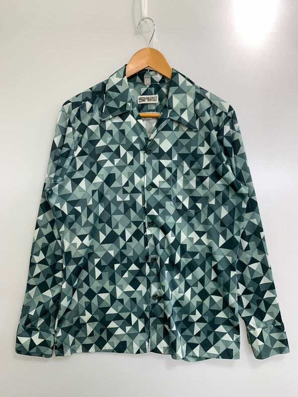 【現状渡し品】【メンズ】 SPIRE スパイアー USA製 70S POLYESTER OPEN COLLAR SHIRT 70年代 ポリエステル オープンカラーシャツ メンズシャツ 長袖 カルフォルニア 146-241031-em-13-min サイズ：L カラー：グリーン系 万代Net店