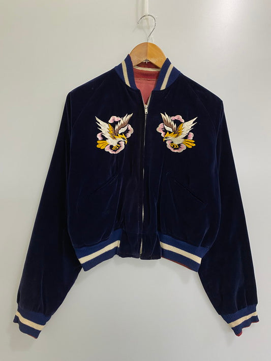 【現状渡し品】【メンズ】  VINTAGE YKK真鍮メッキバタフライジッパー 50S 鷹×韓国地図×龍 REVERSIBLE SOUVENIR JACKET リバーシブル スーベニアジャケット アウター スカジャン ヴィンテージ 146-241105-me-66-min カラー：ネイビー/ボルドー 万代Net店