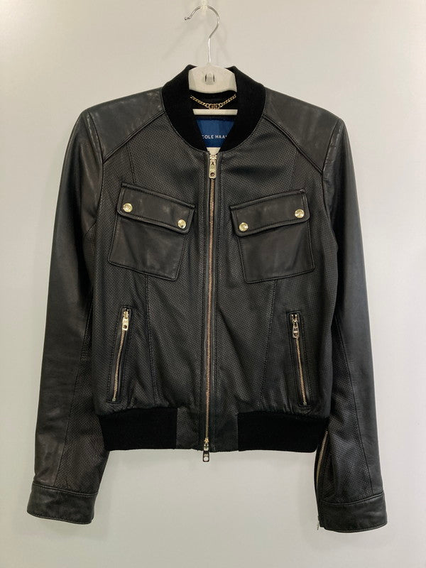 【中古品】【レディース】 COLE HAAN コールハーン LEATHER JACKET レザージャケット メッシュ アウター 169-241121-cn-03-min サイズ：S カラー：ブラック 万代Net店