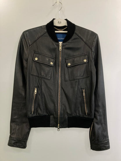 【中古品】【レディース】 COLE HAAN コールハーン LEATHER JACKET レザージャケット メッシュ アウター 169-241121-cn-03-min サイズ：S カラー：ブラック 万代Net店