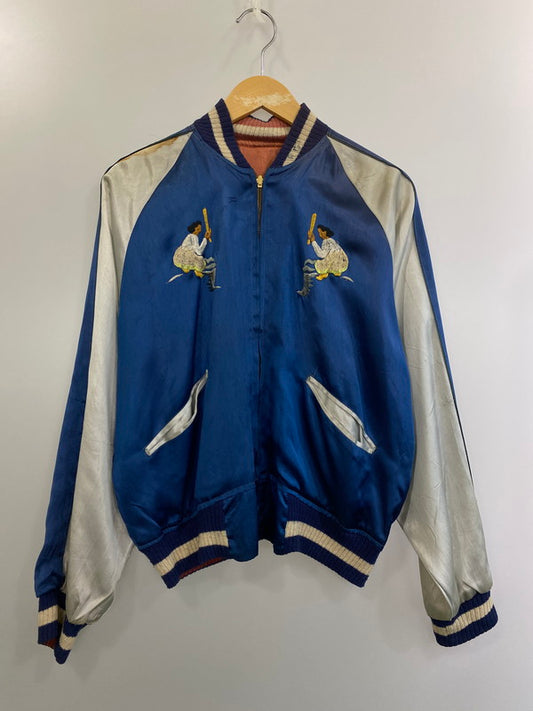 【中古品】【メンズ】  VINTAGE YKK真鍮回転式ジップ リテーナーボックス・インサーションピン 50S"KOREA MAP×DRAGON"REVERSIBLE SOUVENIR JACKET アウター スカジャン 146-241119-AS-56-min カラー：ブルー/ホワイト 万代Net店