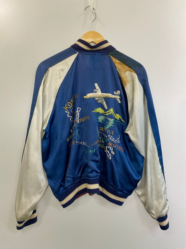 【中古品】【メンズ】  VINTAGE YKK真鍮回転式ジップ リテーナーボックス・インサーションピン 50S"KOREA MAP×DRAGON"REVERSIBLE SOUVENIR JACKET アウター スカジャン 146-241119-AS-56-min カラー：ブルー/ホワイト 万代Net店