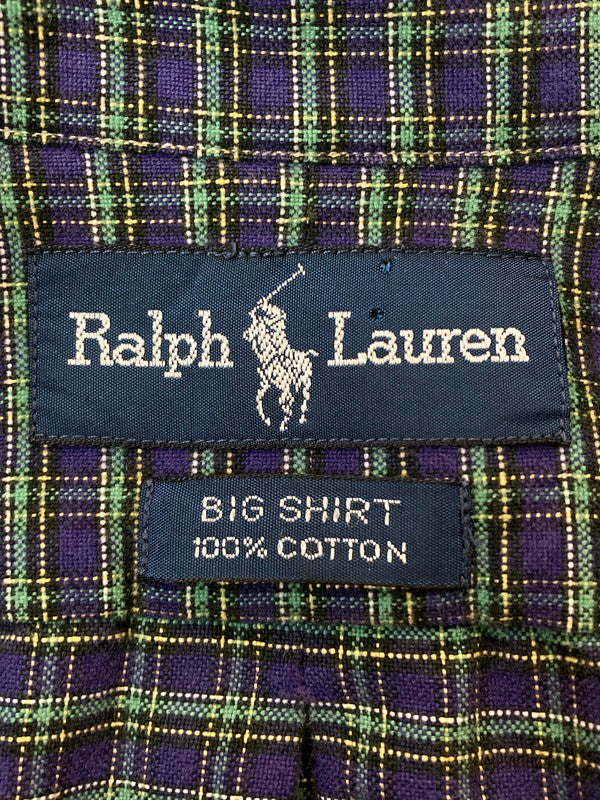 【中古品】【メンズ】 POLO RALPH LAUREN ポロ・ラルフローレン BIG SHIRT  LS COTTON BD SHIRT ビッグシャツ コットンシャツ トップス 146-250102-cn-10-min サイズ：M カラー：パープル/グリーン/チェック柄 万代Net店