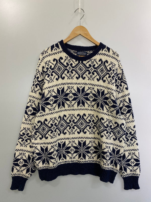 【中古品】【メンズ】 LAND'SEND ランズエンド USA製 80S　90S LS NORDIC COTTON KNIT ノルディックコットンニット 146-250115-ks-26-min サイズ：L カラー：ネイビー/ホワイト 万代Net店