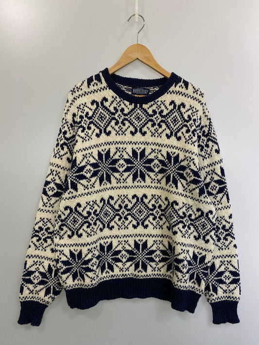 【中古品】【メンズ】 LAND'SEND ランズエンド USA製 80S　90S LS NORDIC COTTON KNIT ノルディックコットンニット 146-250115-ks-26-min サイズ：L カラー：ネイビー/ホワイト 万代Net店
