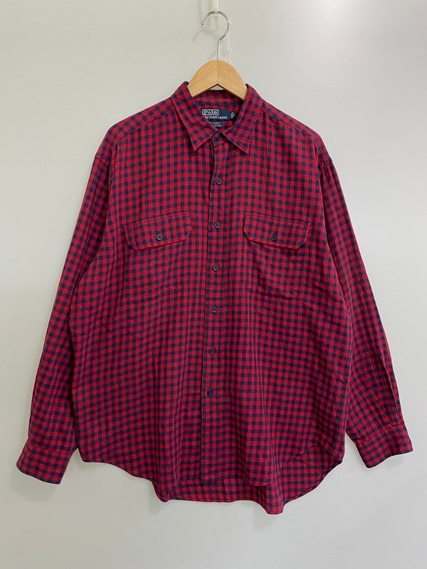 【中古品】【メンズ】 Polo by Ralph Lauren ポロバイラルフローレン 紺タグ 90S G.I.SHIRT ポニー無し 長袖 シャツ トップス 146-250126-ks-04-min サイズ：L カラー：レッド/ネイビー/ギンガムチェック 万代Net店