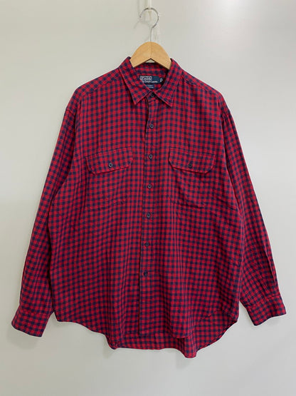 【中古品】【メンズ】 Polo by Ralph Lauren ポロバイラルフローレン 紺タグ 90S G.I.SHIRT ポニー無し 長袖 シャツ トップス 146-250126-ks-04-min サイズ：L カラー：レッド/ネイビー/ギンガムチェック 万代Net店