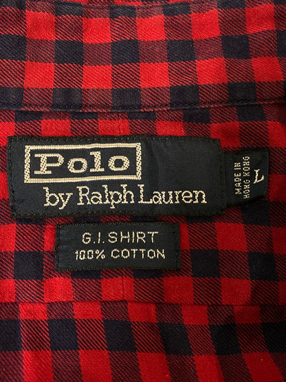 【中古品】【メンズ】 Polo by Ralph Lauren ポロバイラルフローレン 紺タグ 90S G.I.SHIRT ポニー無し 長袖 シャツ トップス 146-250126-ks-04-min サイズ：L カラー：レッド/ネイビー/ギンガムチェック 万代Net店